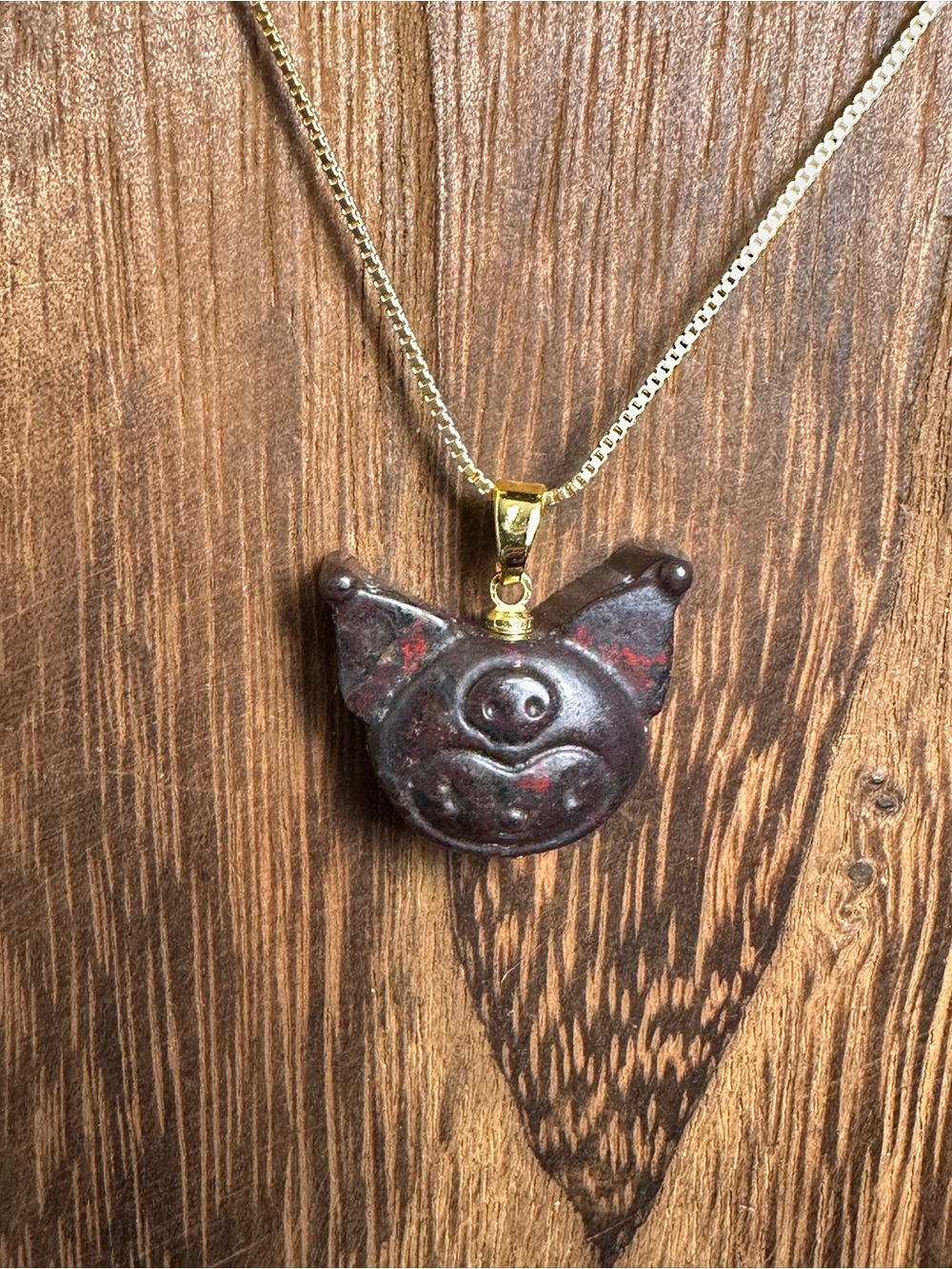 Rhodonite Kuromi Carving Pendant Necklace on Gold Stainless Steel Chain